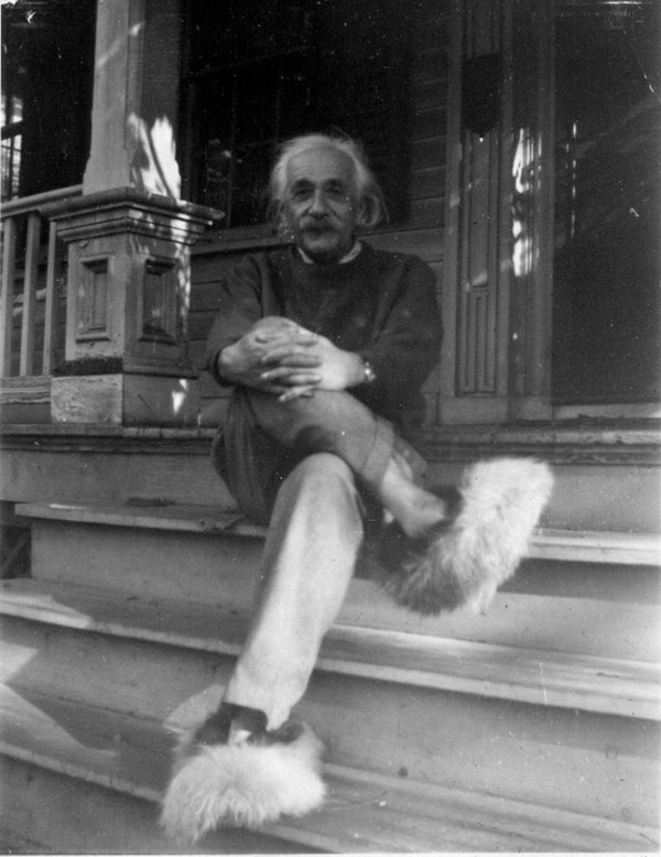 Einstein wearing fuzzy slippers.